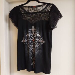 NWOT~Spiral Black Lace Cross Design Short S!eeve Top Sz Large